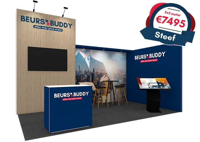 verhuur beursstand 5x3 meter Steef met touchscreen kiosk